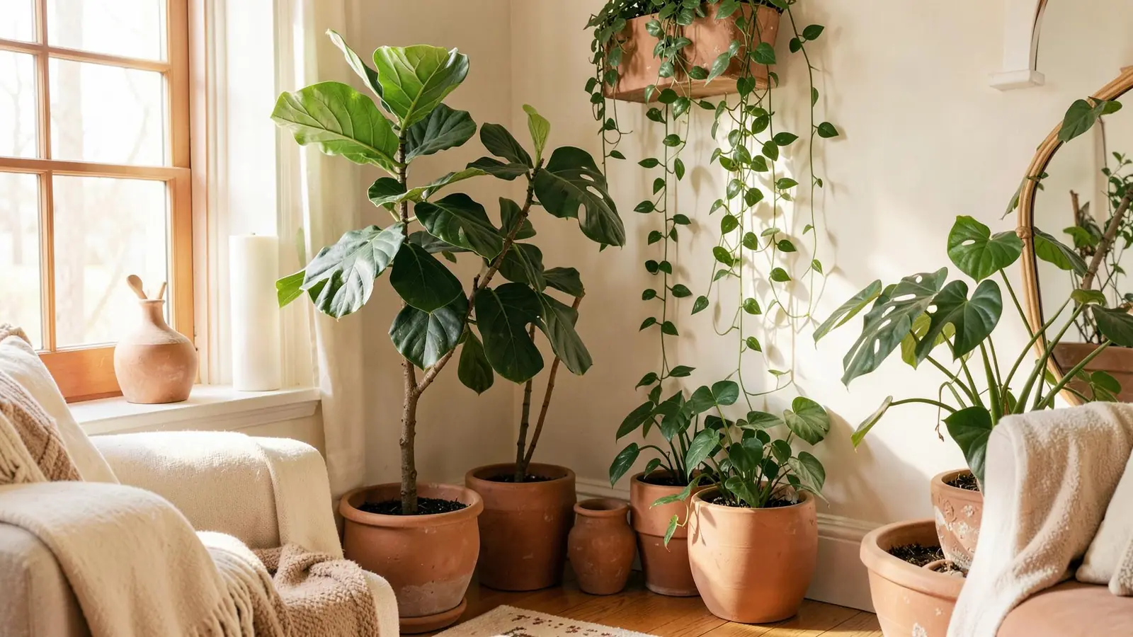 Rincón de living luminoso lleno de plantas de interior en macetas de terracota