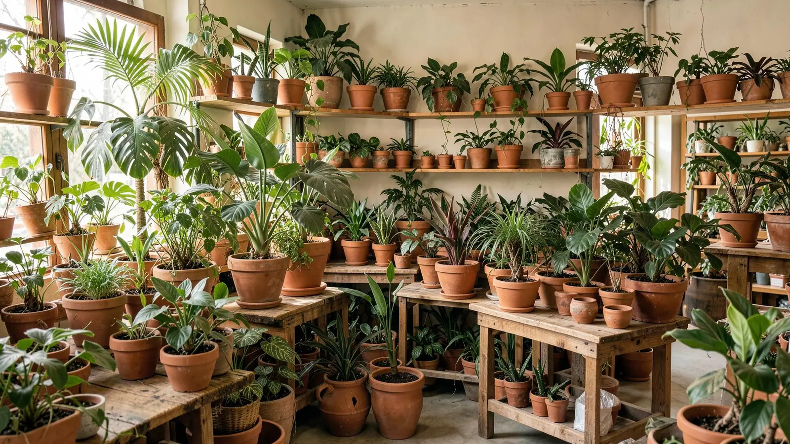 Interior del vivero con estantes de madera llenos de plantas en macetas